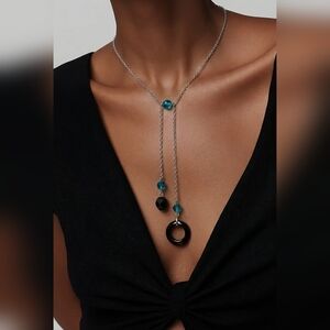 Teal Black and Crystal Lariat Necklace